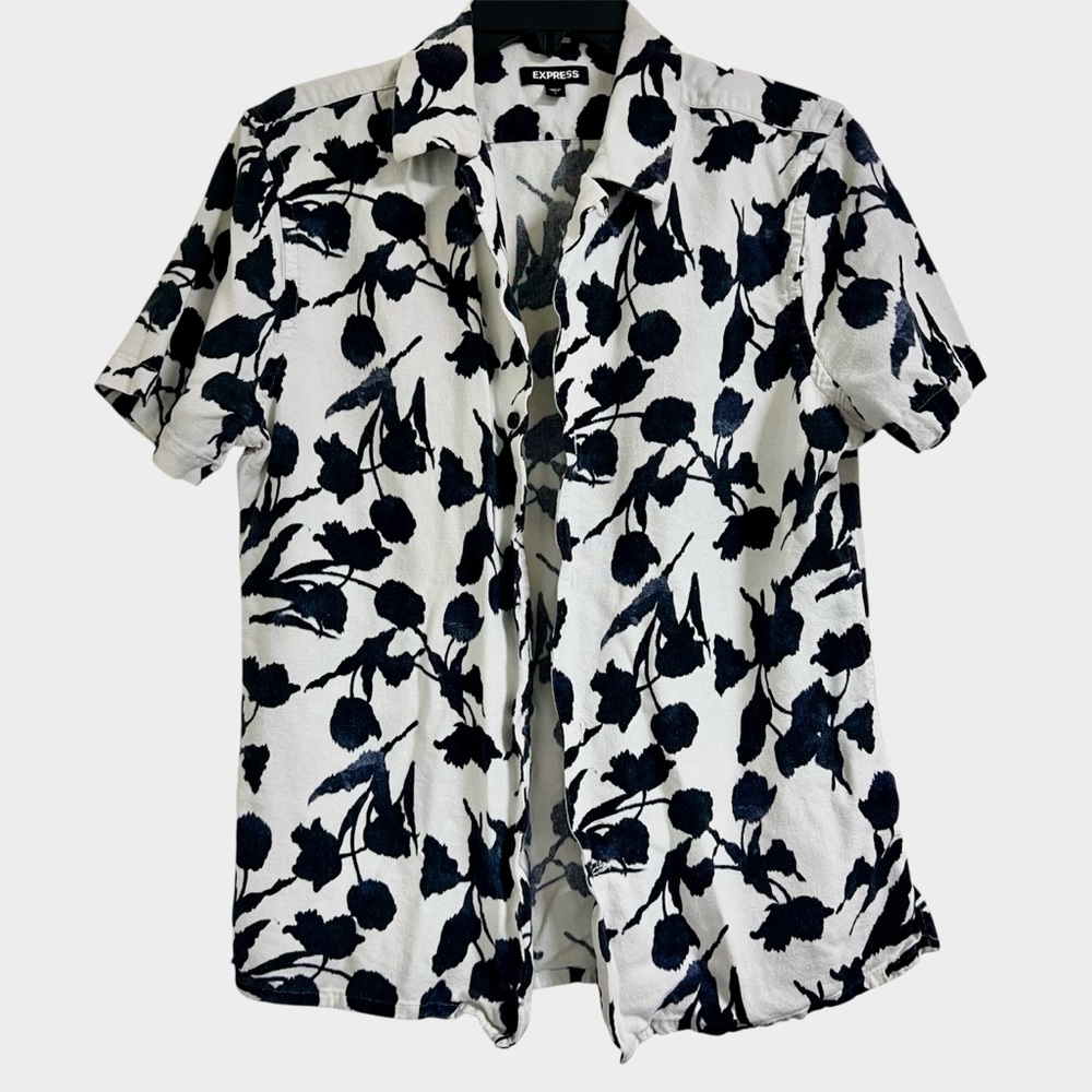 Express Mens Black & White Floral Casual Linen Button Down Shirt Small